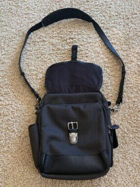 Vintage LL Bean Black Leather & Herringbone Crossbody Messenger Bag Satchel Tote
